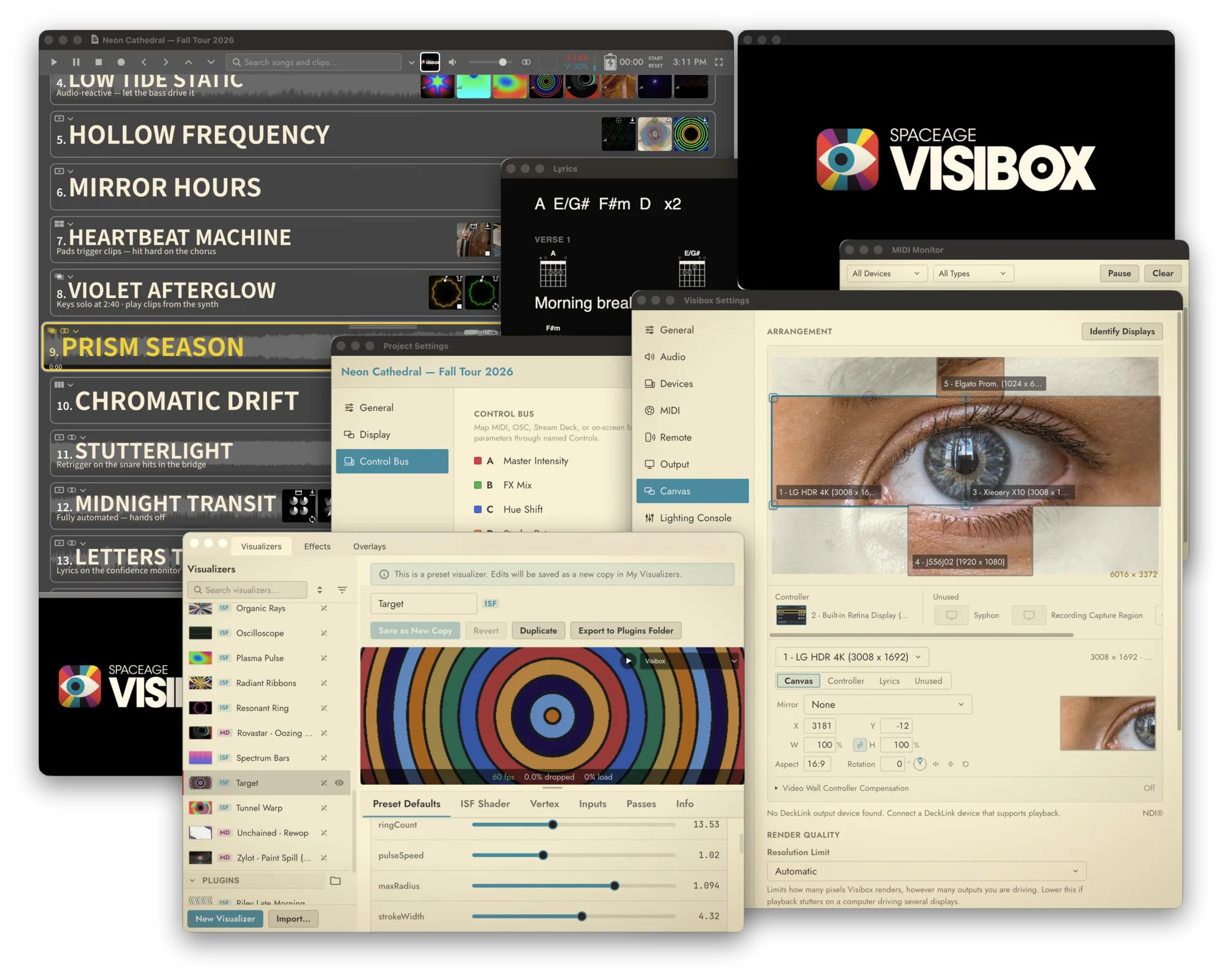 Visibox 6 interface: the song list, a Lyrics chord chart, Control Bus, the Canvas arrangement for multiple screens, MIDI monitor, and the Visualizers editor