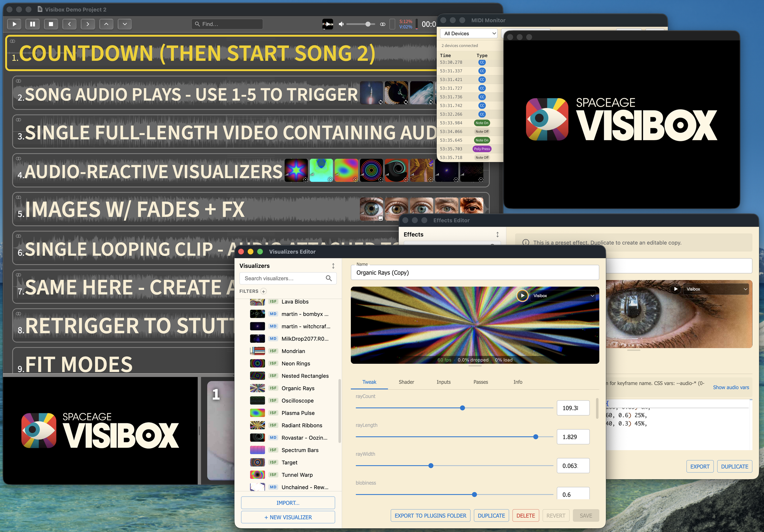 Visibox-Oberfläche: Songs und Clips, MIDI-Monitor und Visualizer-Editor